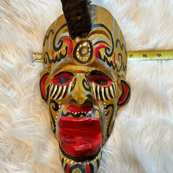 Mexican Guatemala Diablo Devil Dance Mask 1950s Vintage Carved Wood & Ram Horn - Picture 4 of 7